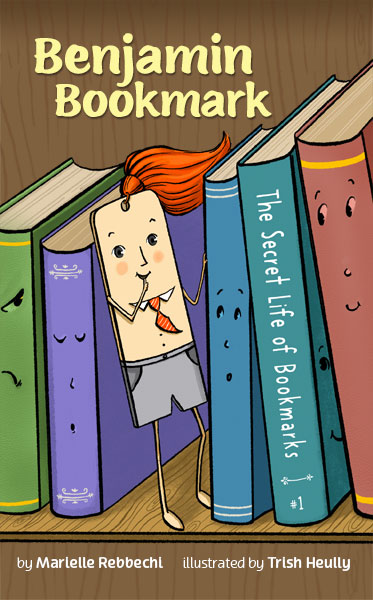 Illustrated bookmark character sitting on stack of two books